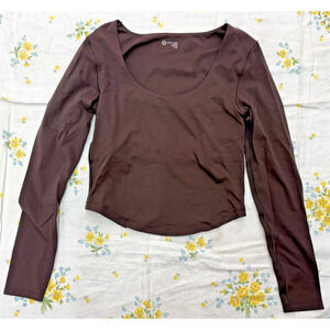 Offline By Aerie Womens Long Sleeve Scoop Neck Brown Stretch Casual Shirt Size M